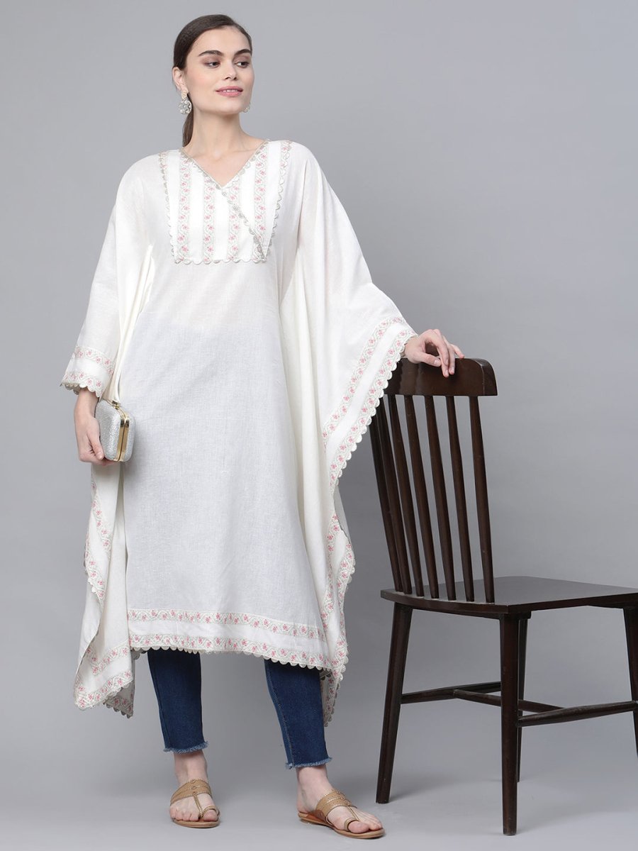 Ahalyaa Women Off white Pure Cotton Printed Flared Sleeve Kaftan Kurta | Swadesiicart