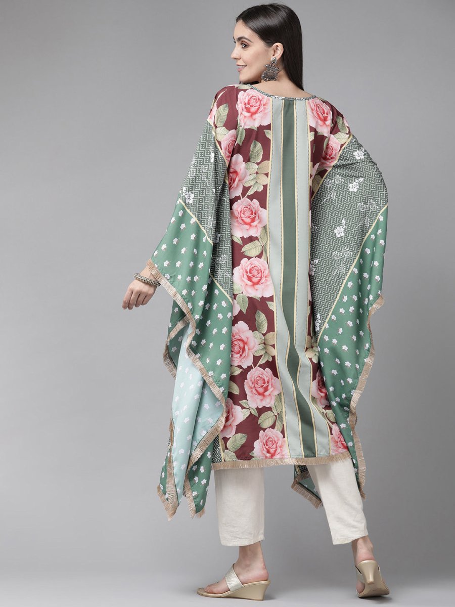 Ahalyaa Women Green & Pink Floral Printed Flared Sleeves Gotta Patti Floral Crepe Kaftan Kurta | Swadesiicart