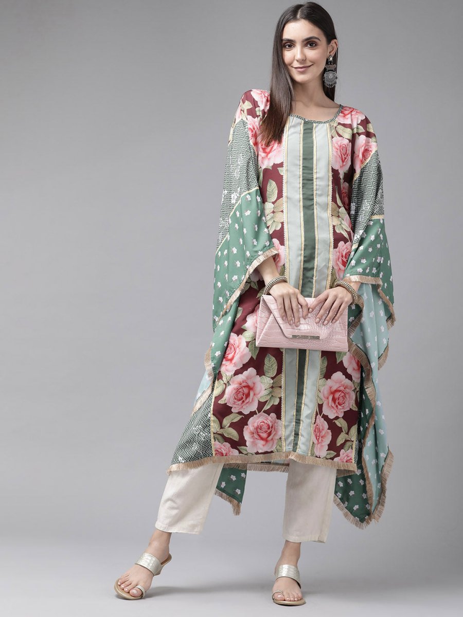 Ahalyaa Women Green & Pink Floral Printed Flared Sleeves Gotta Patti Floral Crepe Kaftan Kurta | Swadesiicart