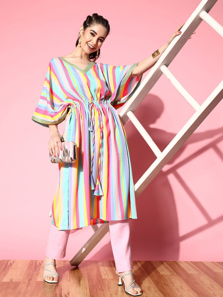 Ahalyaa Women Striped Flared Sleeves Crepe Kaftan Kurta | Swadesiicart