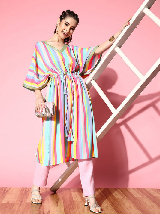 Ahalyaa Women Striped Flared Sleeves Crepe Kaftan Kurta | Swadesiicart