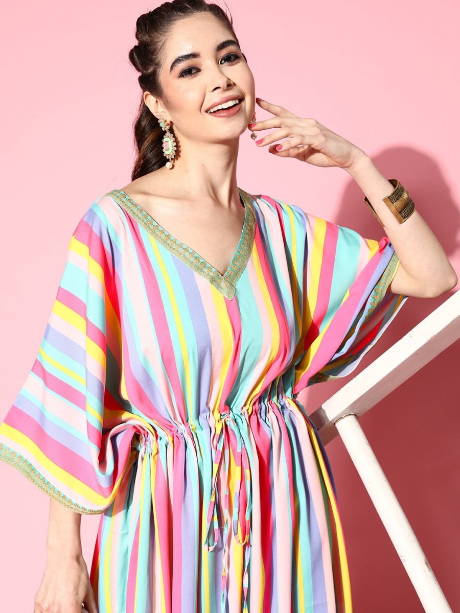 Ahalyaa Women Striped Flared Sleeves Crepe Kaftan Kurta | Swadesiicart