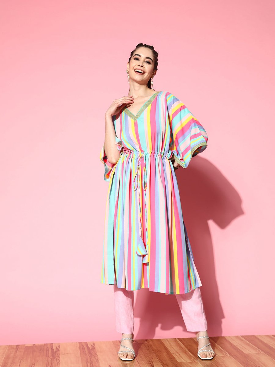Ahalyaa Women Striped Flared Sleeves Crepe Kaftan Kurta | Swadesiicart