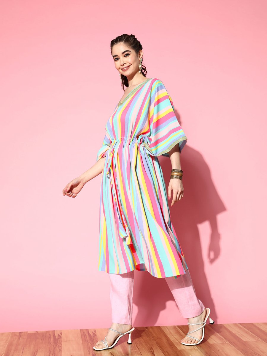 Ahalyaa Women Striped Flared Sleeves Crepe Kaftan Kurta | Swadesiicart