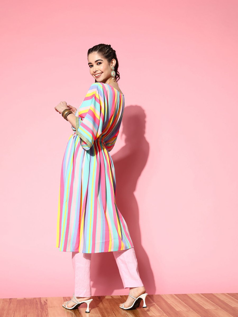 Ahalyaa Women Striped Flared Sleeves Crepe Kaftan Kurta | Swadesiicart