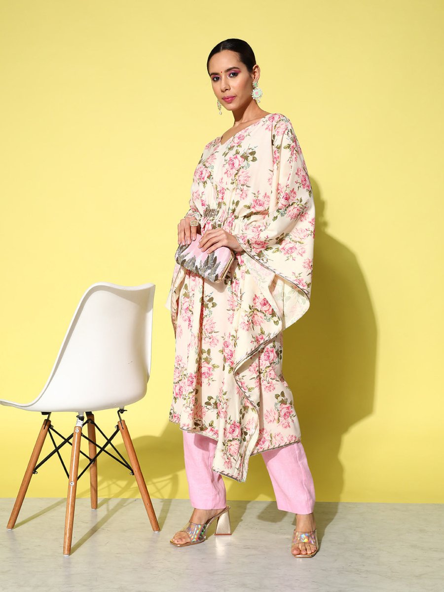 Ahalyaa Women Floral Printed Flared Sleeves Gotta Patti Floral Crepe Kaftan Kurta | Swadesiicart