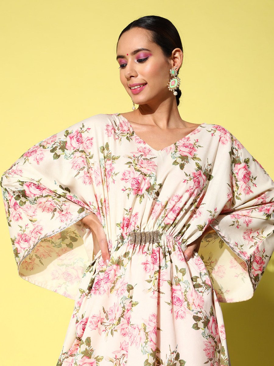 Ahalyaa Women Floral Printed Flared Sleeves Gotta Patti Floral Crepe Kaftan Kurta | Swadesiicart