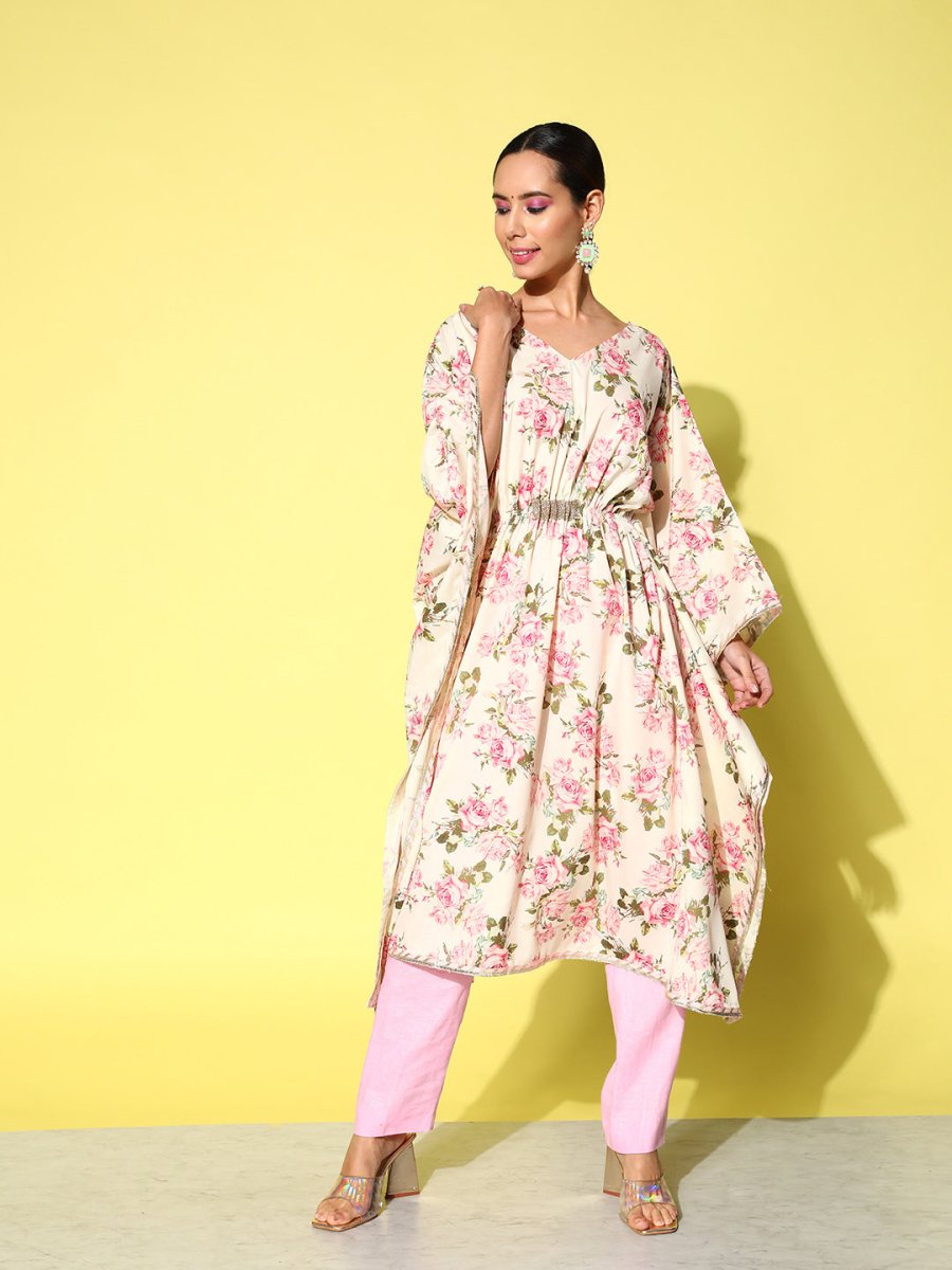Ahalyaa Women Floral Printed Flared Sleeves Gotta Patti Floral Crepe Kaftan Kurta | Swadesiicart
