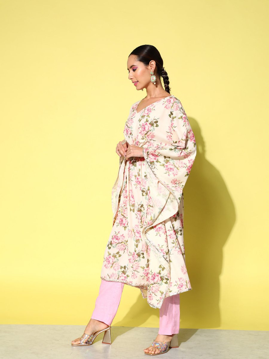 Ahalyaa Women Floral Printed Flared Sleeves Gotta Patti Floral Crepe Kaftan Kurta | Swadesiicart