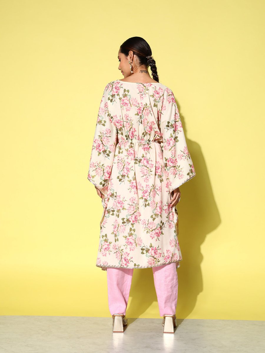 Ahalyaa Women Floral Printed Flared Sleeves Gotta Patti Floral Crepe Kaftan Kurta | Swadesiicart