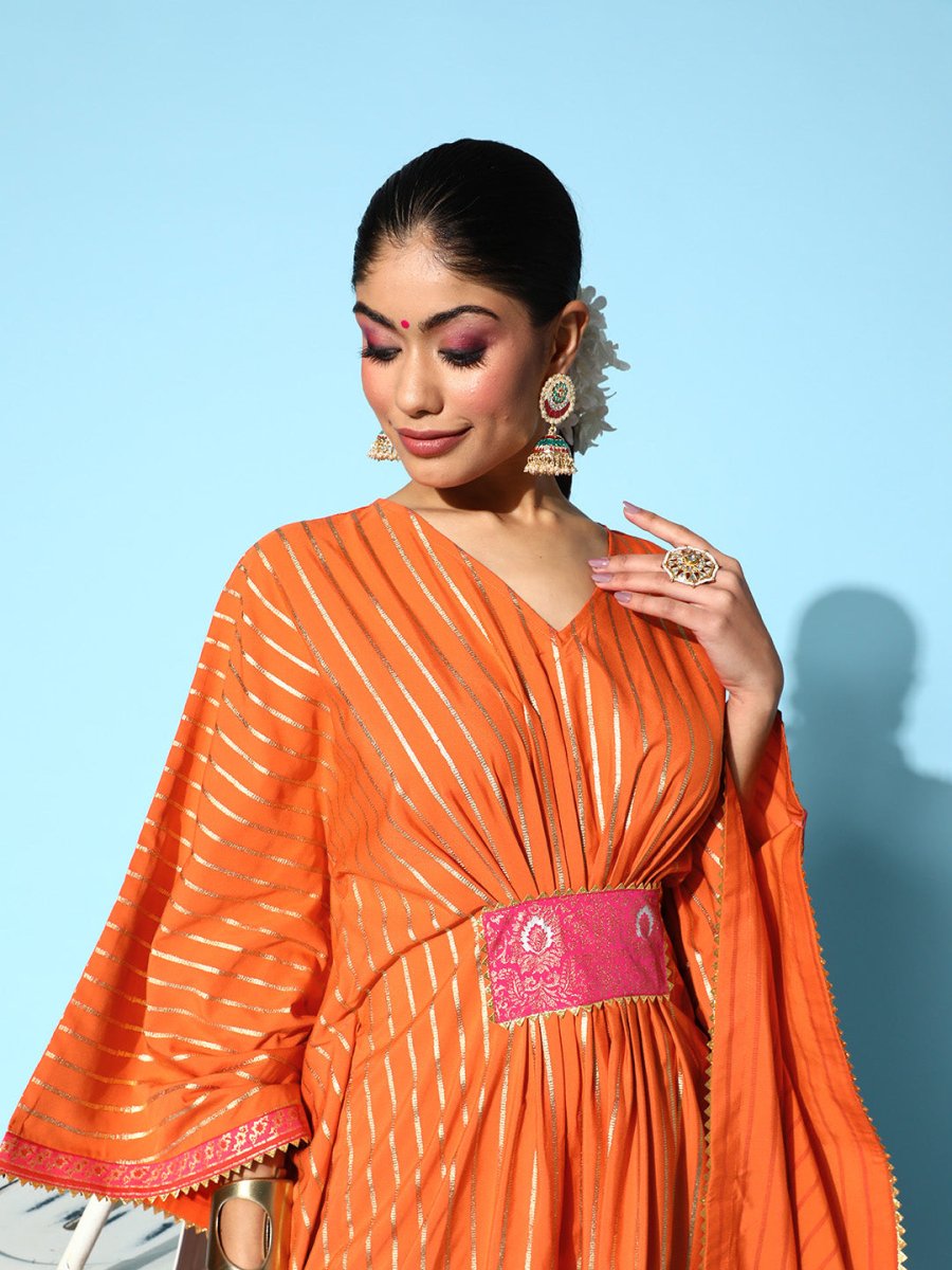 Ahalyaa Women Orange & Gold-Toned Striped Flared Sleeves Gotta Patti Crepe Kaftan Kurta | Swadesiicart