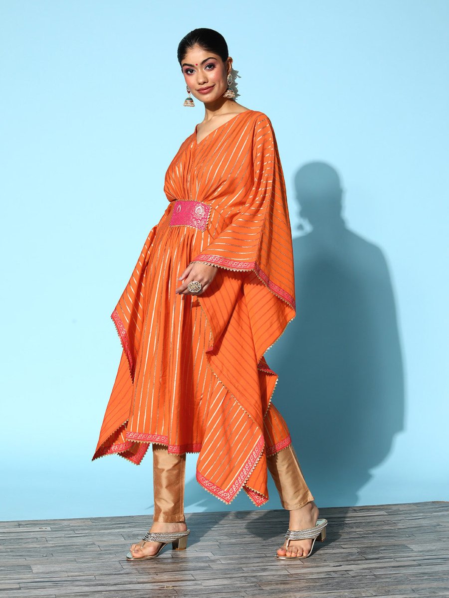 Ahalyaa Women Orange & Gold-Toned Striped Flared Sleeves Gotta Patti Crepe Kaftan Kurta | Swadesiicart