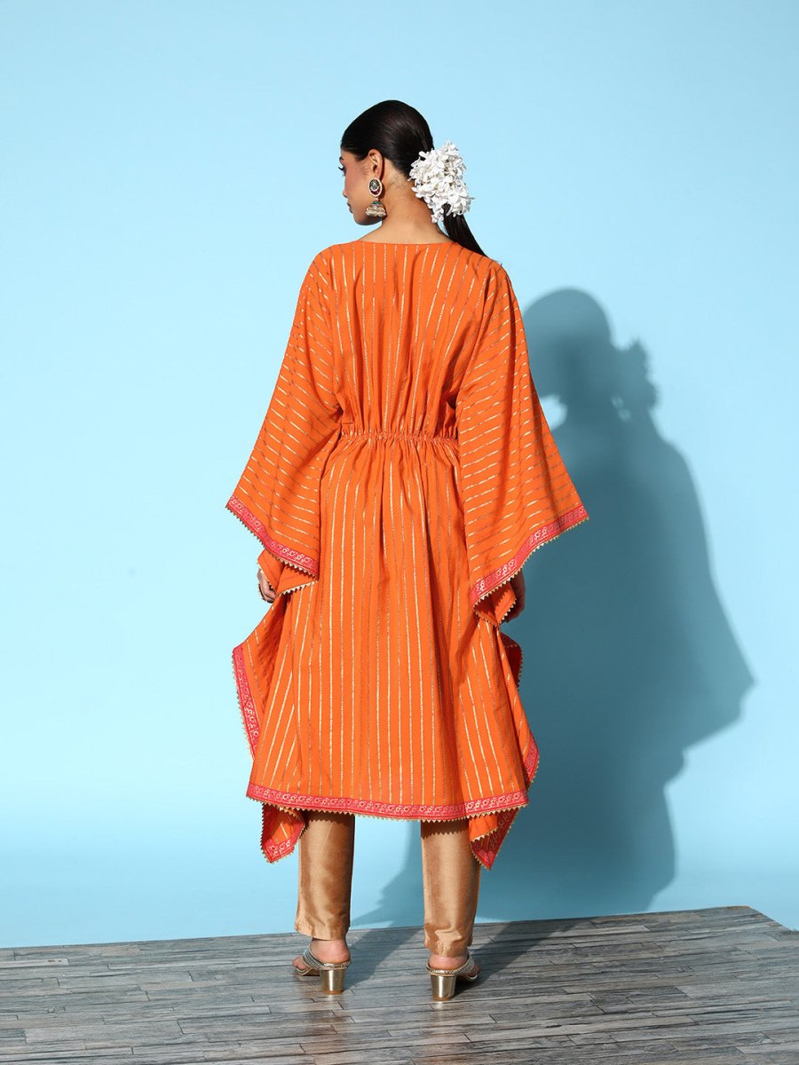 Ahalyaa Women Orange & Gold-Toned Striped Flared Sleeves Gotta Patti Crepe Kaftan Kurta | Swadesiicart