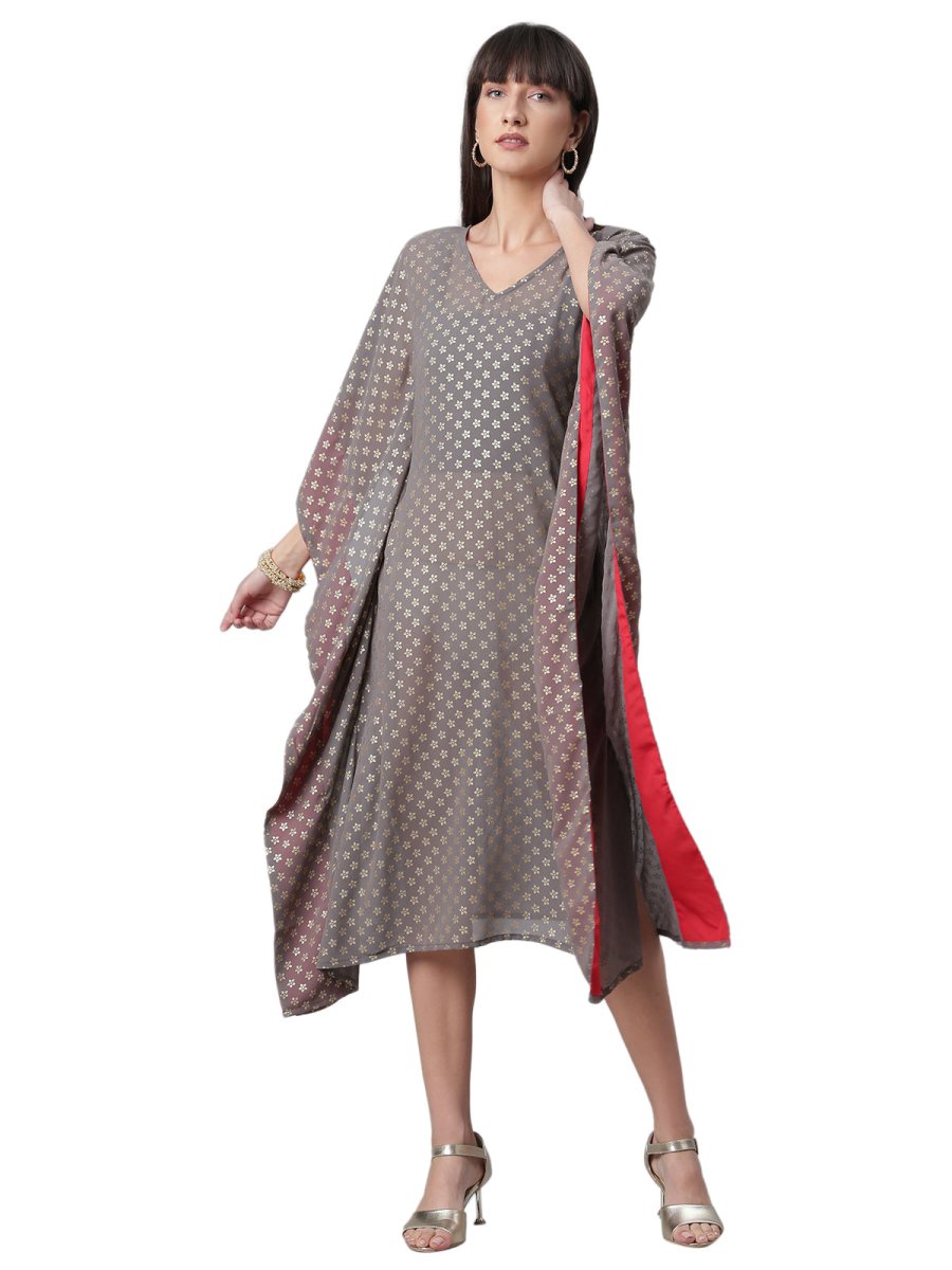 Ahalyaa Women Grey & Golden Ethnic Motifs Printed Flared Sleeves Beautiful Kaftan Kurta | Swadesiicart