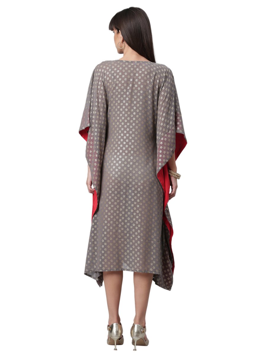 Ahalyaa Women Grey & Golden Ethnic Motifs Printed Flared Sleeves Beautiful Kaftan Kurta | Swadesiicart