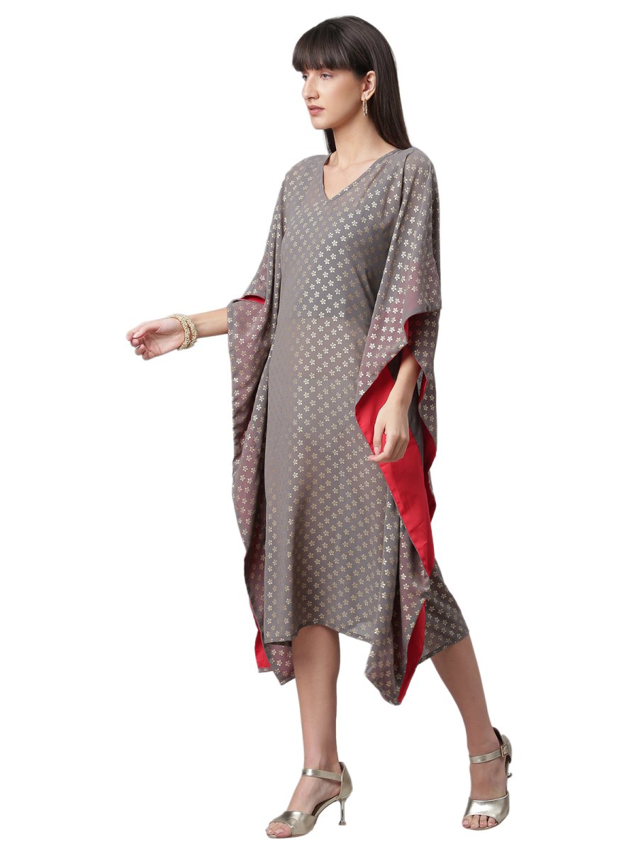 Ahalyaa Women Grey & Golden Ethnic Motifs Printed Flared Sleeves Beautiful Kaftan Kurta | Swadesiicart