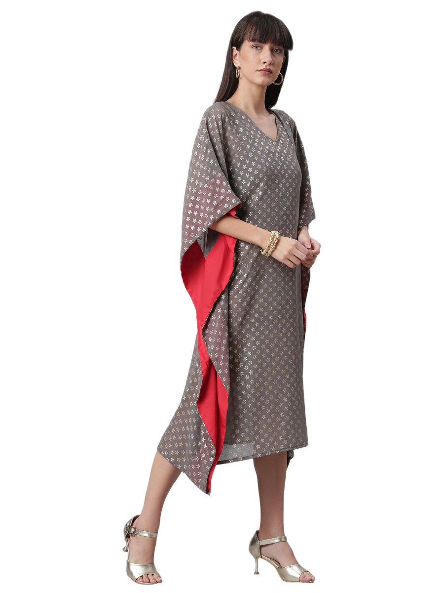 Ahalyaa Women Grey & Golden Ethnic Motifs Printed Flared Sleeves Beautiful Kaftan Kurta | Swadesiicart