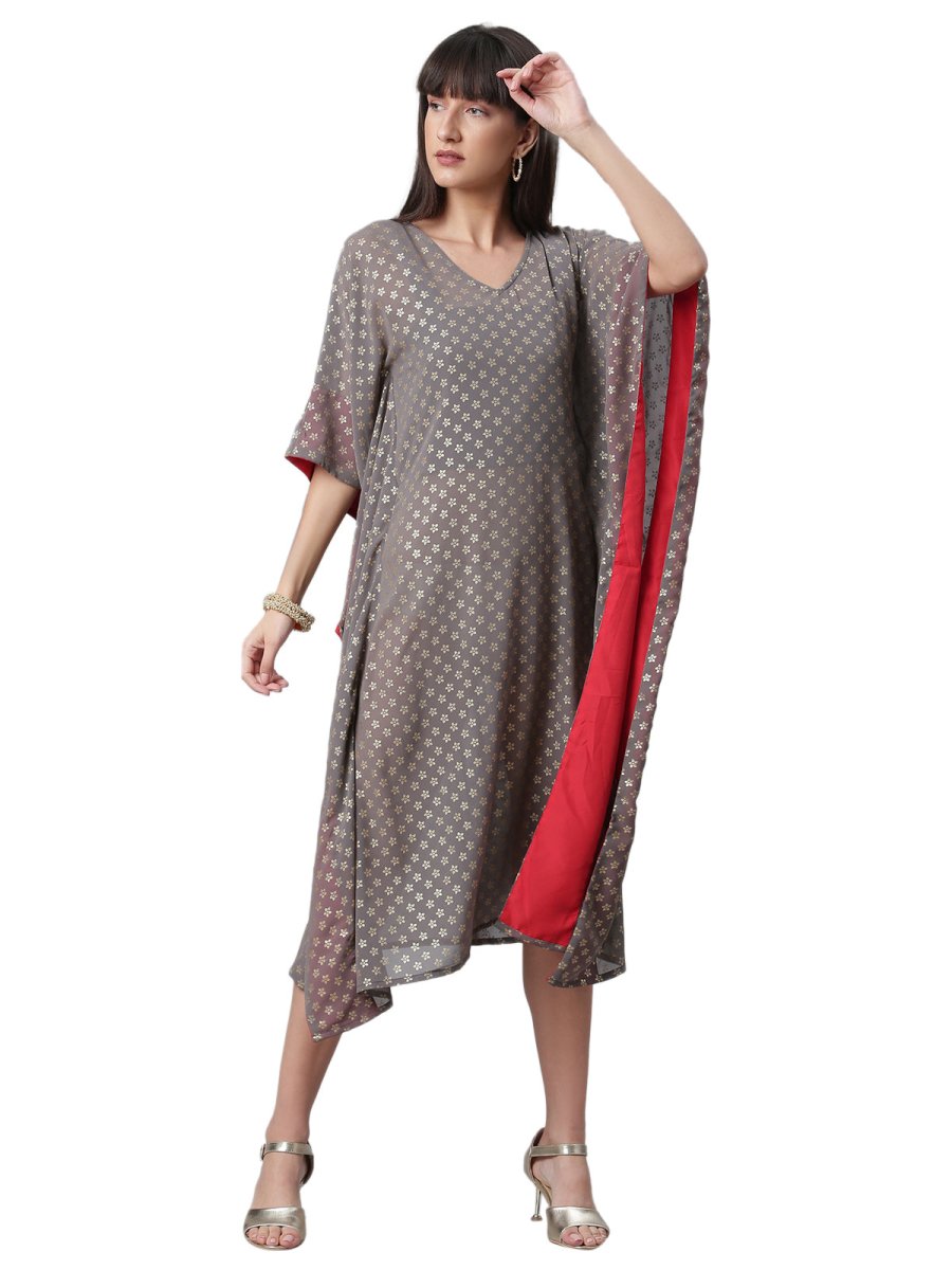 Ahalyaa Women Grey & Golden Ethnic Motifs Printed Flared Sleeves Beautiful Kaftan Kurta | Swadesiicart