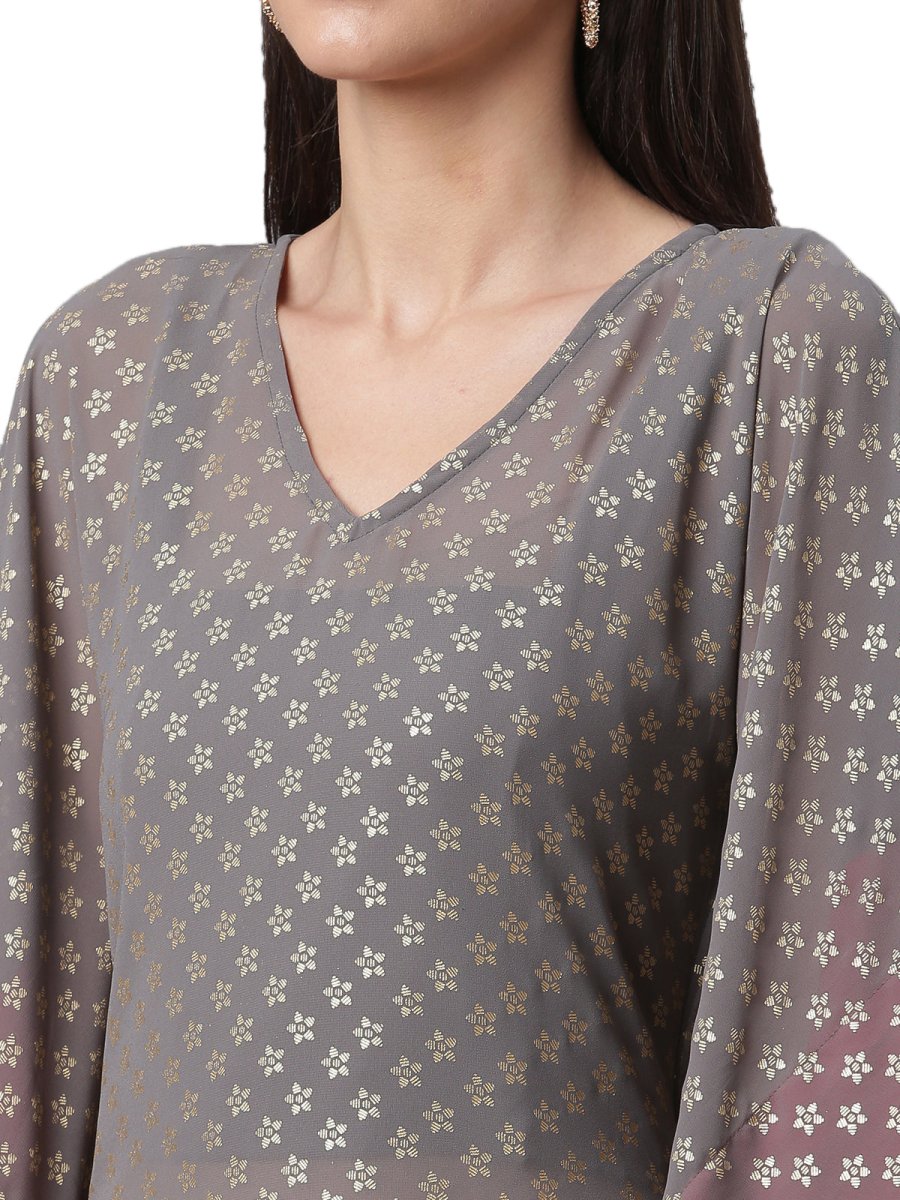Ahalyaa Women Grey & Golden Ethnic Motifs Printed Flared Sleeves Beautiful Kaftan Kurta | Swadesiicart