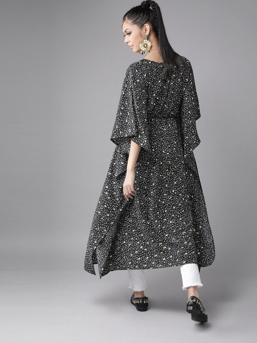 Ahalyaa Women Black & White Printed Flared Sleeves Kaftan Kurta | Swadesiicart