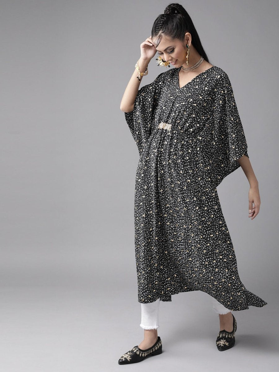Ahalyaa Women Black & White Printed Flared Sleeves Kaftan Kurta | Swadesiicart