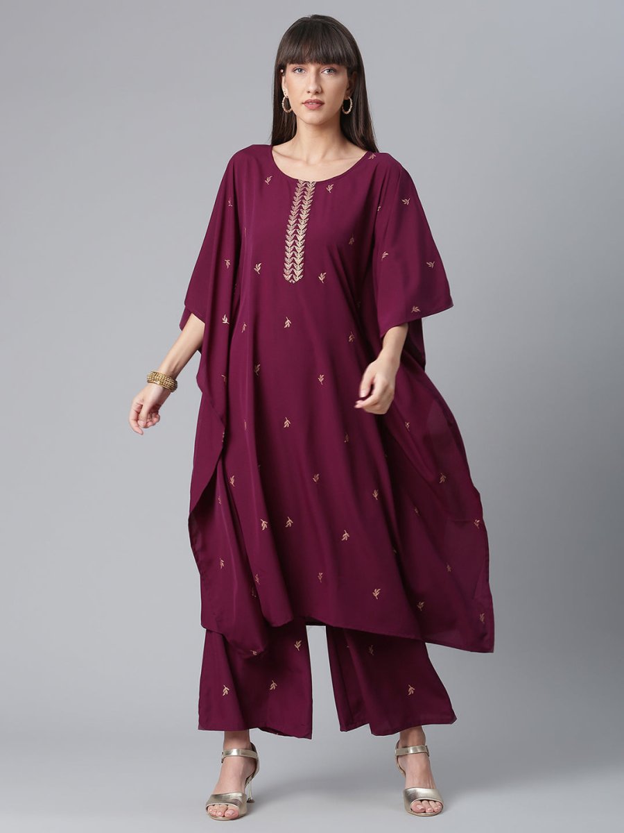 Ahalyaa Burgundy & Golden Printed Kurta with Palazzo | Swadesiicart