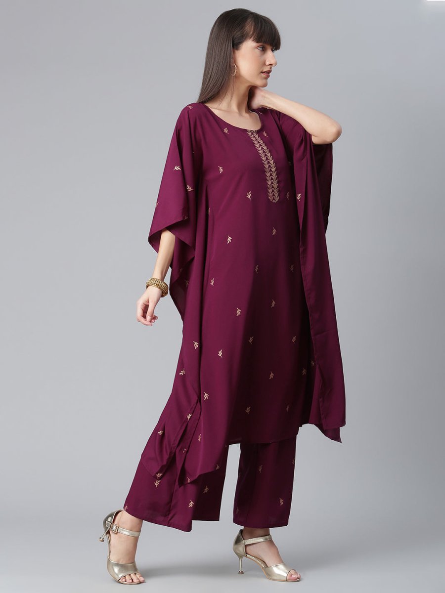 Ahalyaa Burgundy & Golden Printed Kurta with Palazzo | Swadesiicart