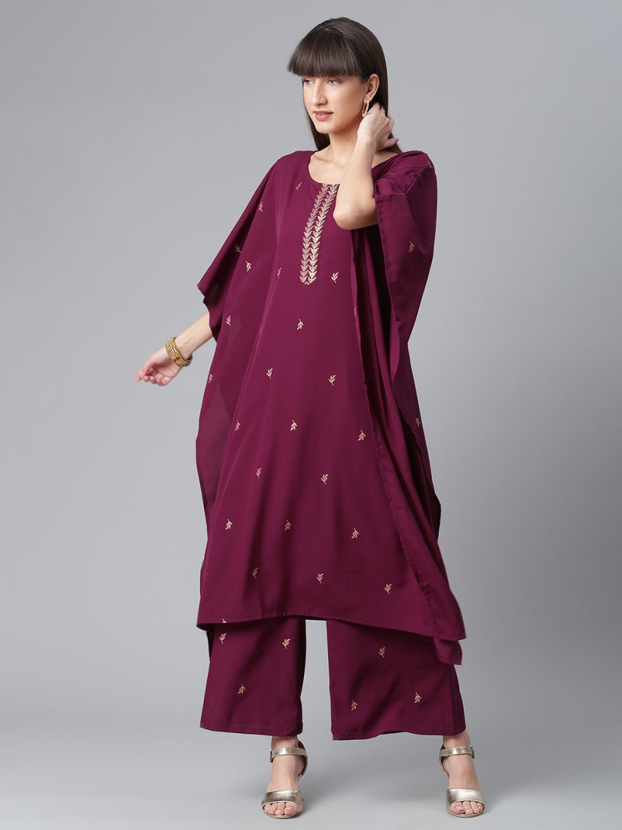 Ahalyaa Burgundy & Golden Printed Kurta with Palazzo | Swadesiicart