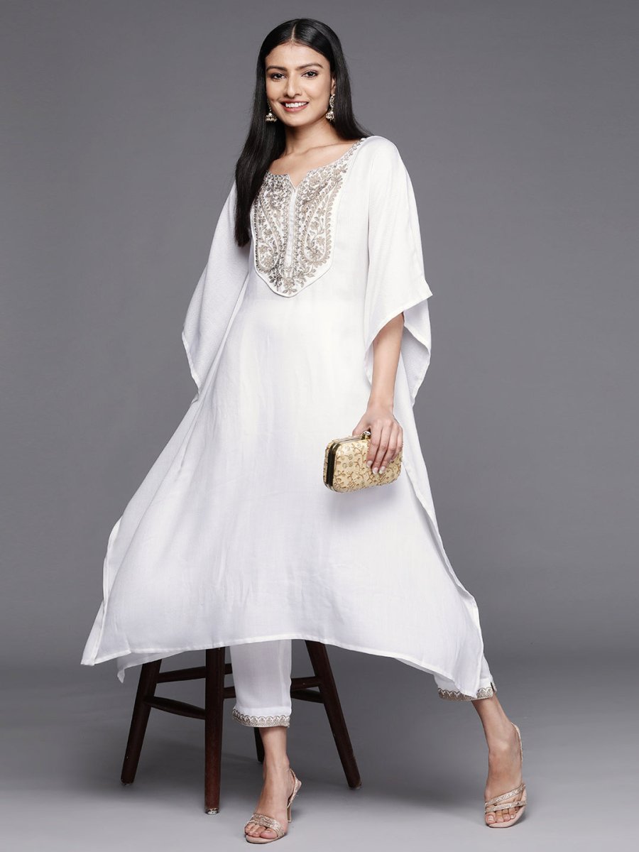 Ahalyaa Women White Yoke Design Aari Work Pashmina Kurta with Trousers | Swadesiicart