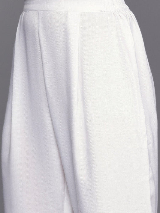 Ahalyaa Women White Yoke Design Aari Work Pashmina Kurta with Trousers | Swadesiicart