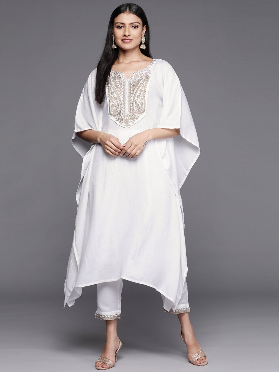 Ahalyaa Women White Yoke Design Aari Work Pashmina Kurta with Trousers | Swadesiicart