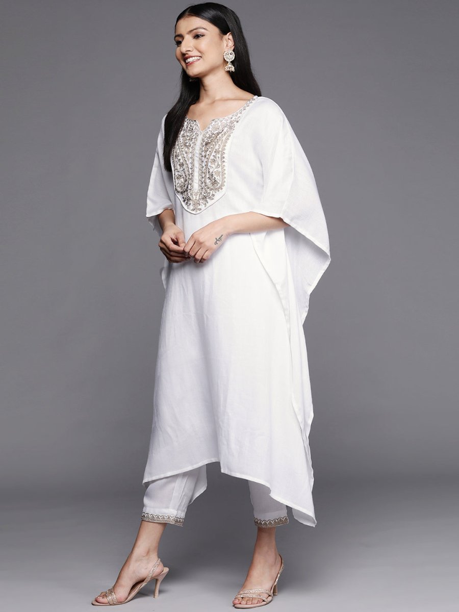 Ahalyaa Women White Yoke Design Aari Work Pashmina Kurta with Trousers | Swadesiicart