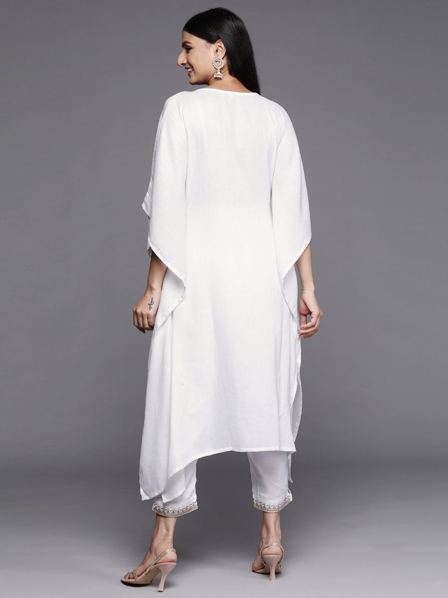 Ahalyaa Women White Yoke Design Aari Work Pashmina Kurta with Trousers | Swadesiicart