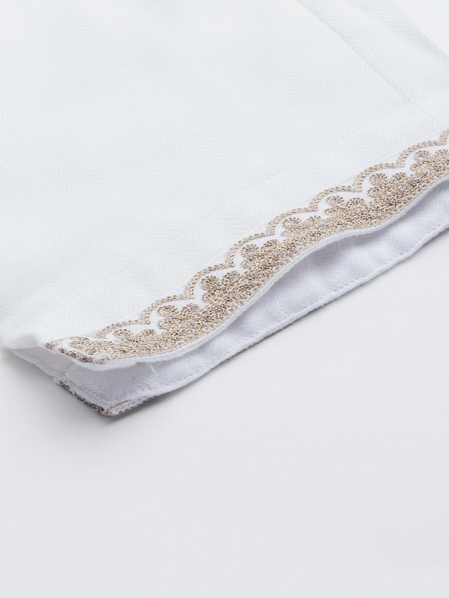 Ahalyaa Women White Yoke Design Aari Work Pashmina Kurta with Trousers | Swadesiicart