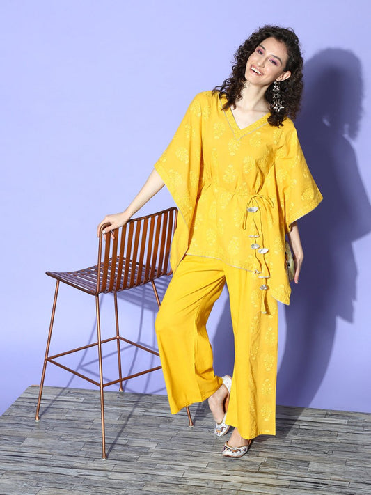 Ahalyaa Women Mustard Yellow Floral Printed Pure Cotton Co-Ords - Swadesiicart