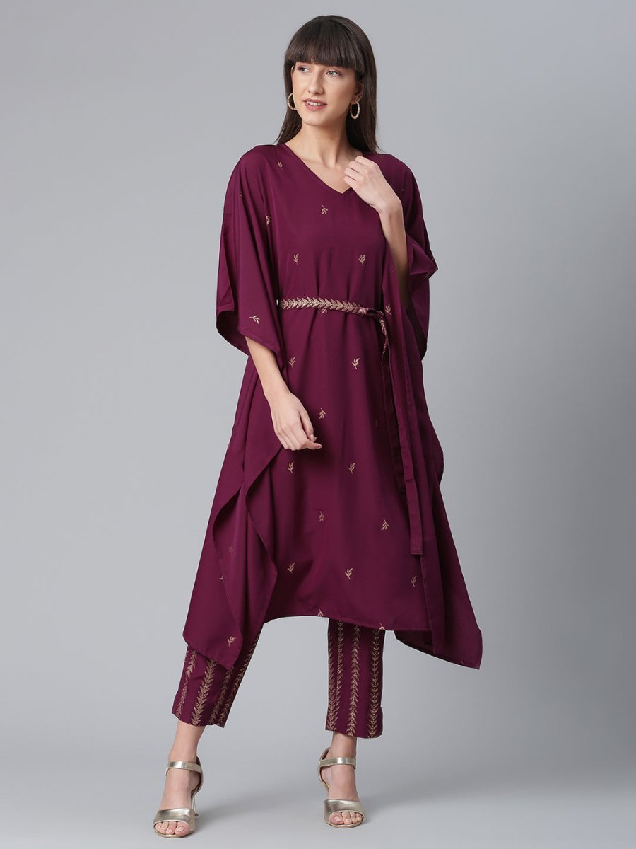 Ahalyaa Women Burgundy & Golden Printed Kurta With Trouser | Swadesiicart