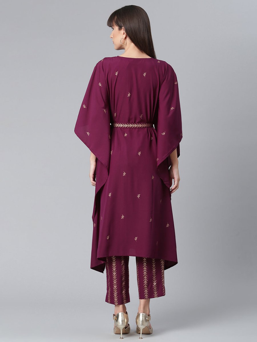 Ahalyaa Women Burgundy & Golden Printed Kurta With Trouser | Swadesiicart