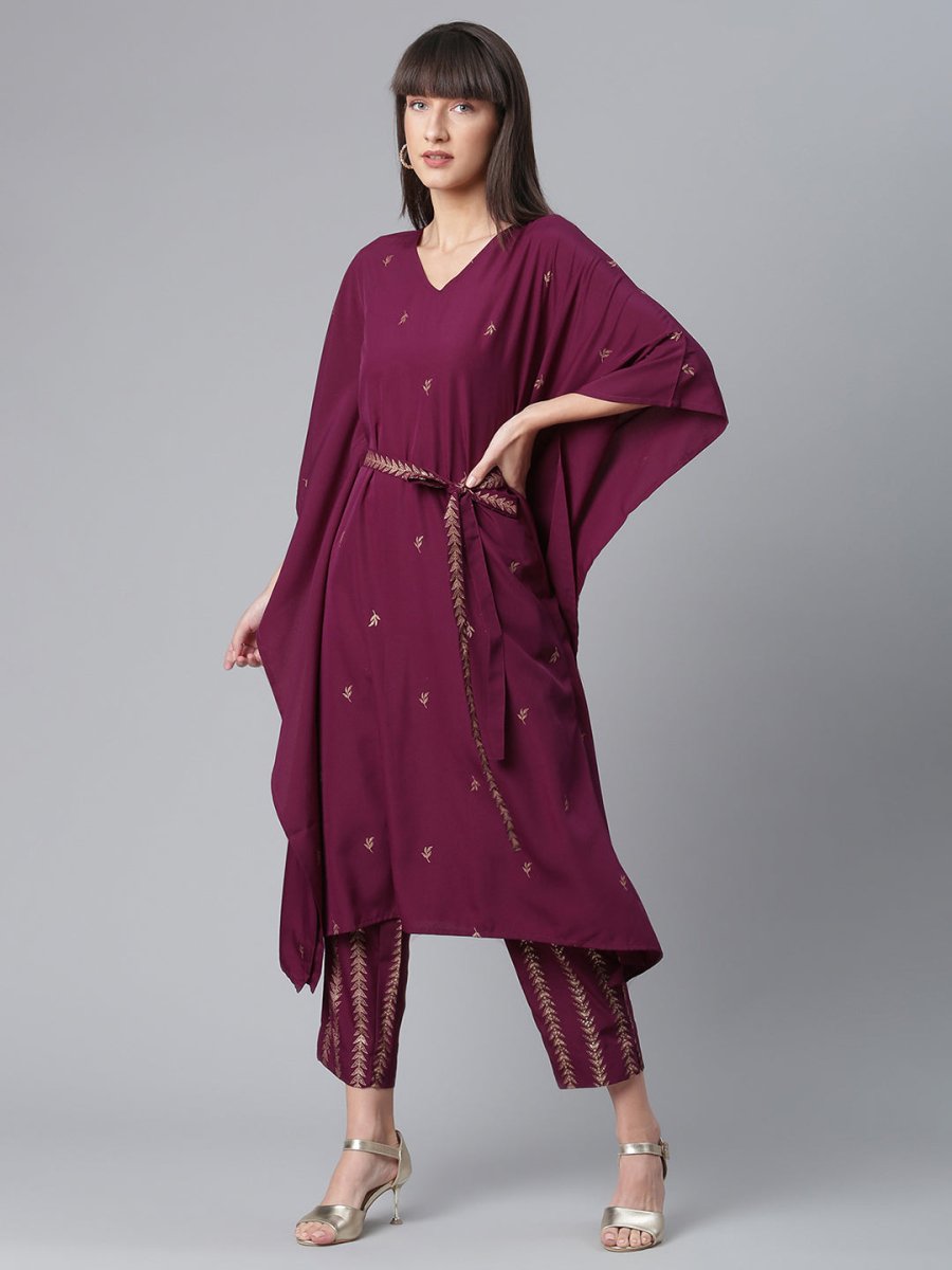 Ahalyaa Women Burgundy & Golden Printed Kurta With Trouser | Swadesiicart