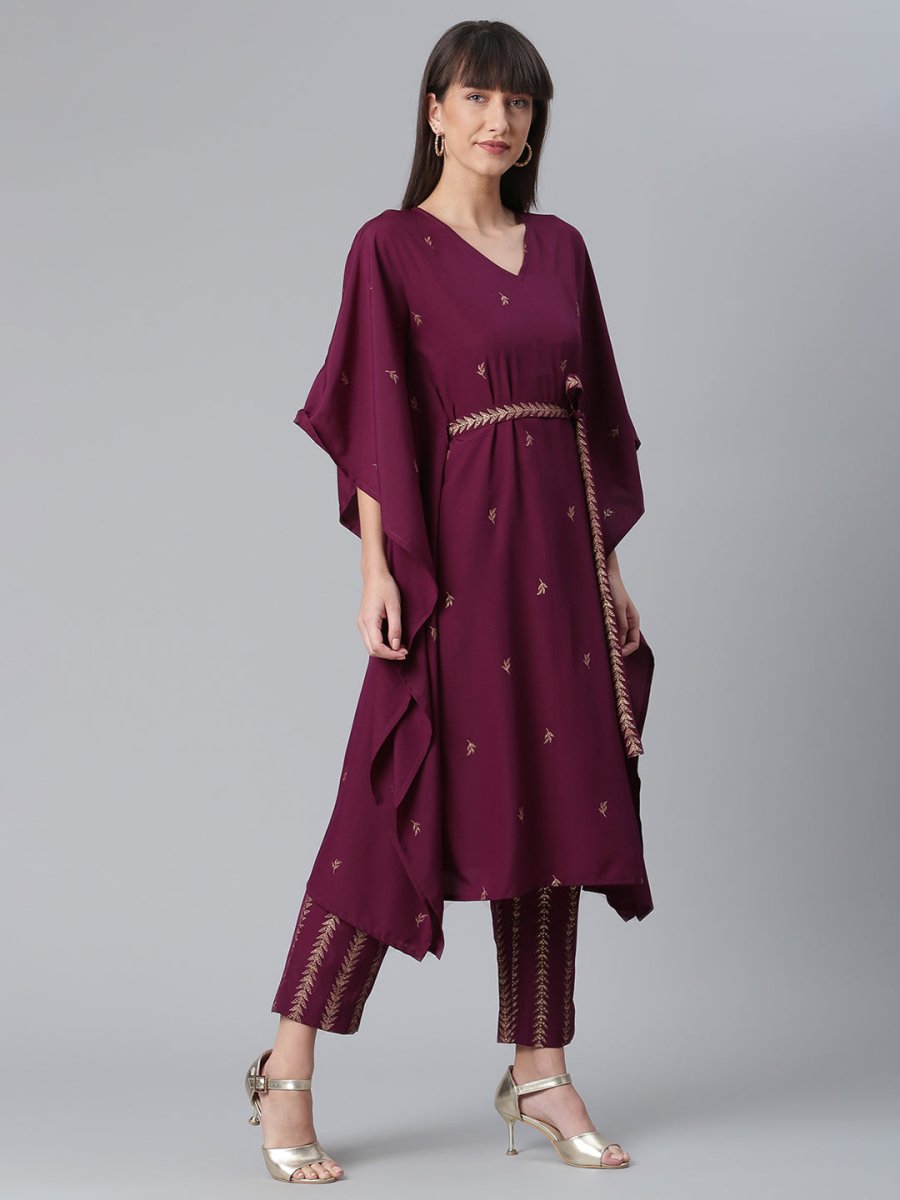 Ahalyaa Women Burgundy & Golden Printed Kurta With Trouser | Swadesiicart