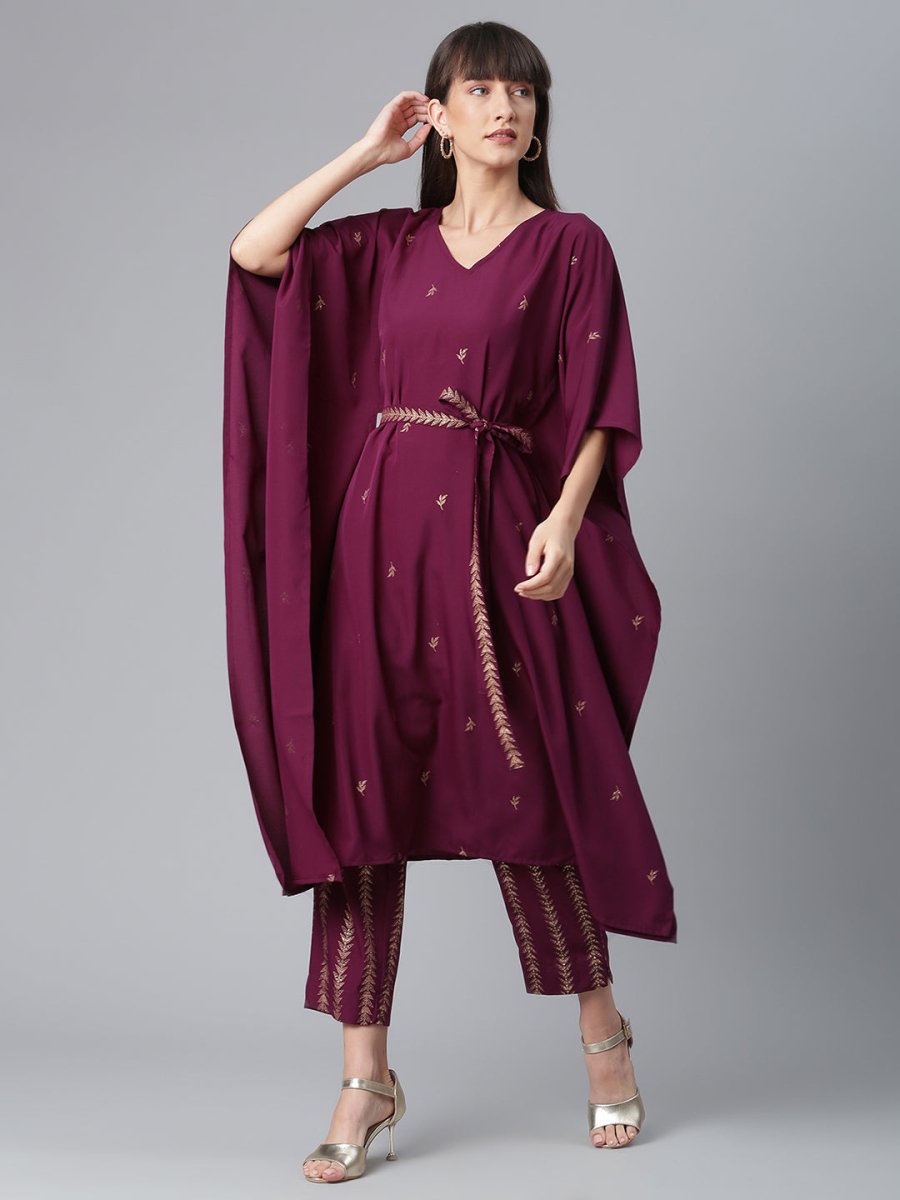 Ahalyaa Women Burgundy & Golden Printed Kurta With Trouser | Swadesiicart