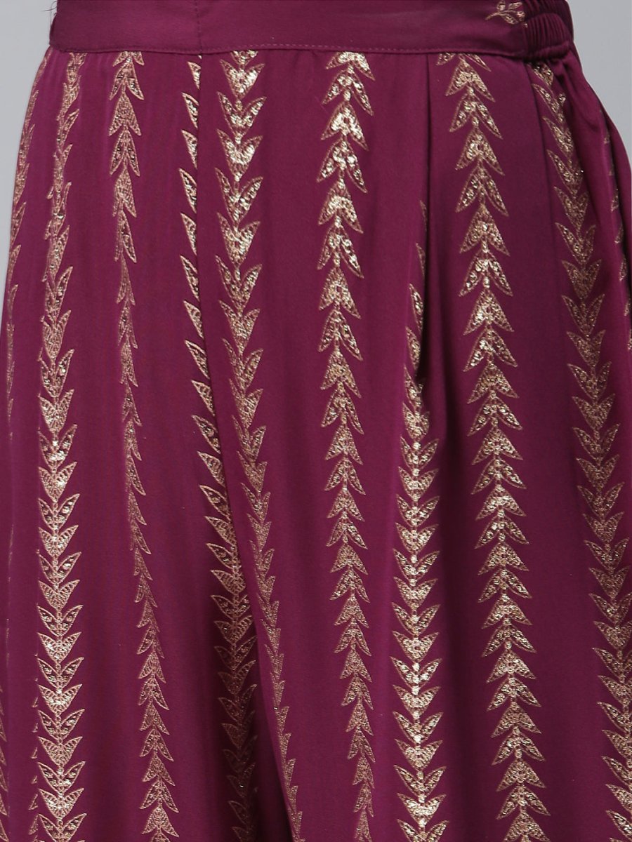 Ahalyaa Women Burgundy & Golden Printed Kurta With Trouser | Swadesiicart