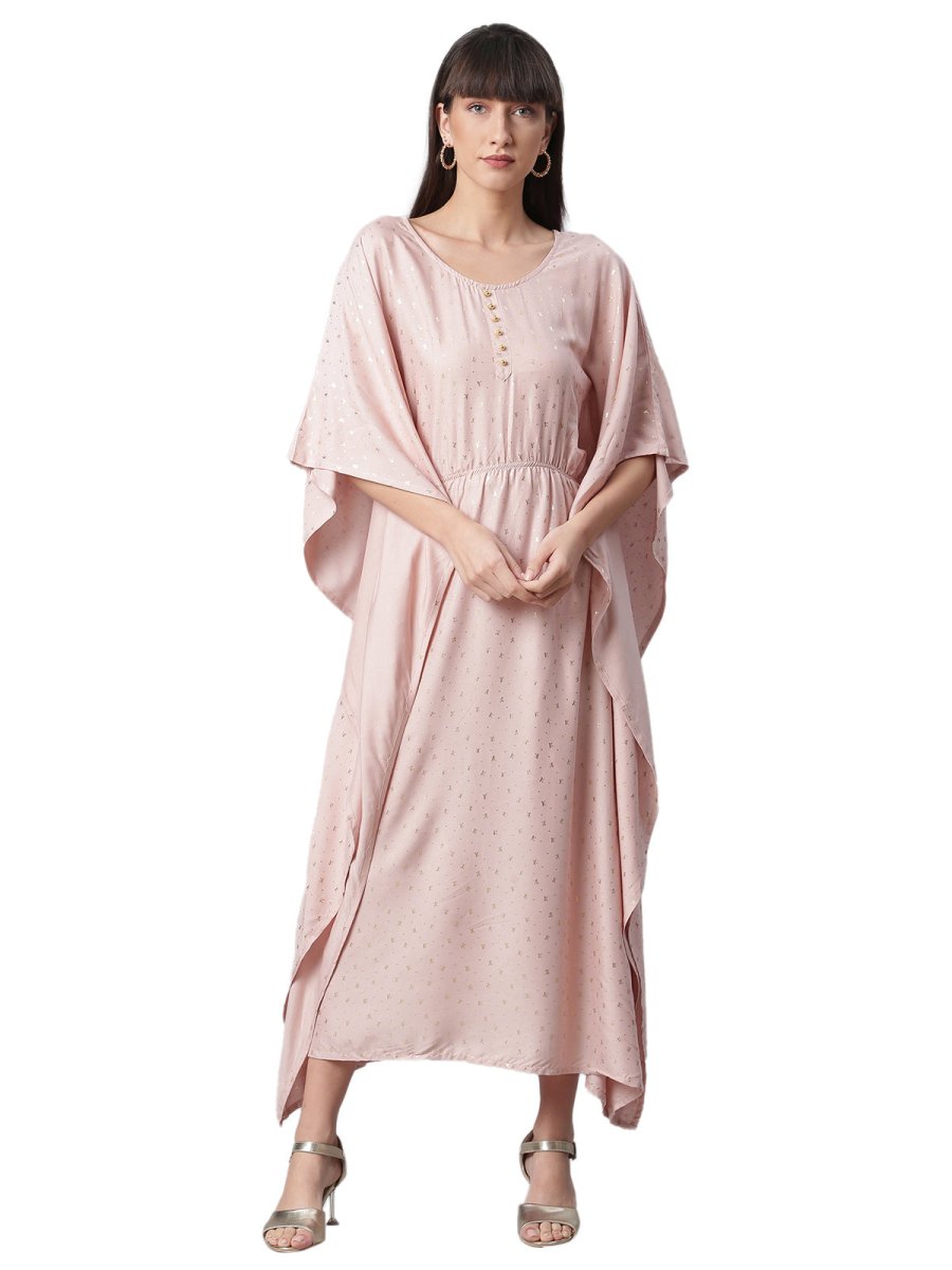 Ahalyaa Women Peach-Colored Printed Flared Sleeves Beautiful Kaftan Kurta | Swadesiicart