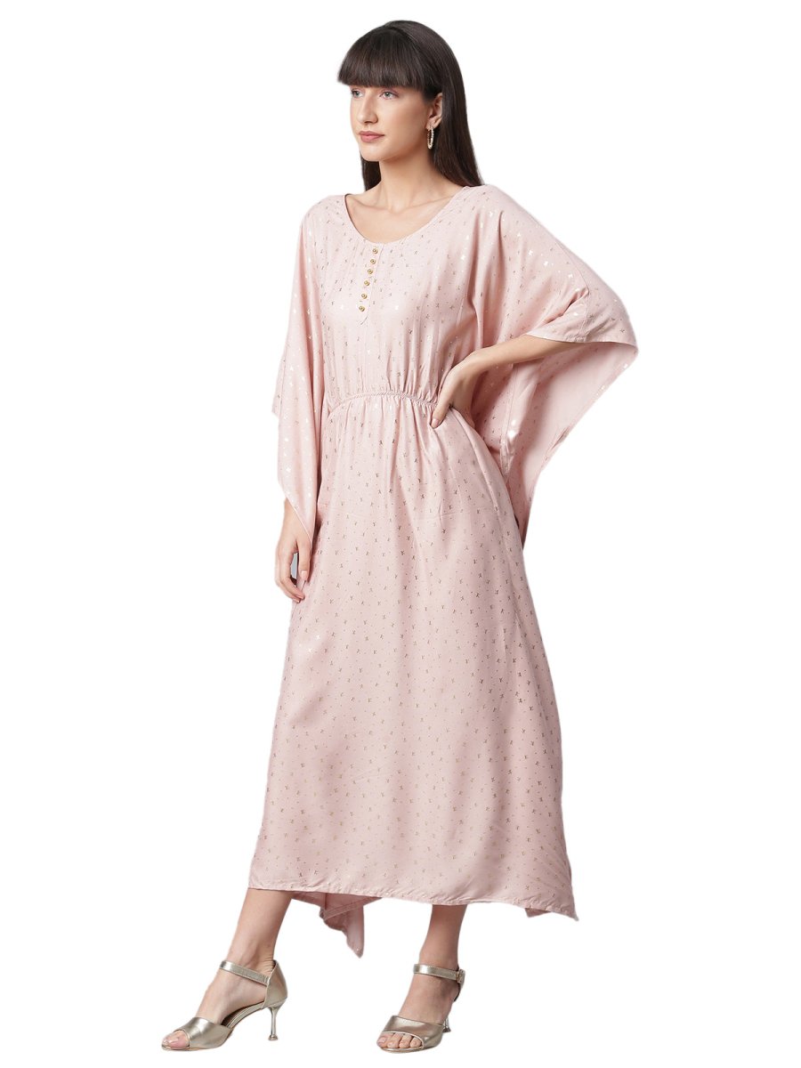 Ahalyaa Women Peach-Colored Printed Flared Sleeves Beautiful Kaftan Kurta | Swadesiicart