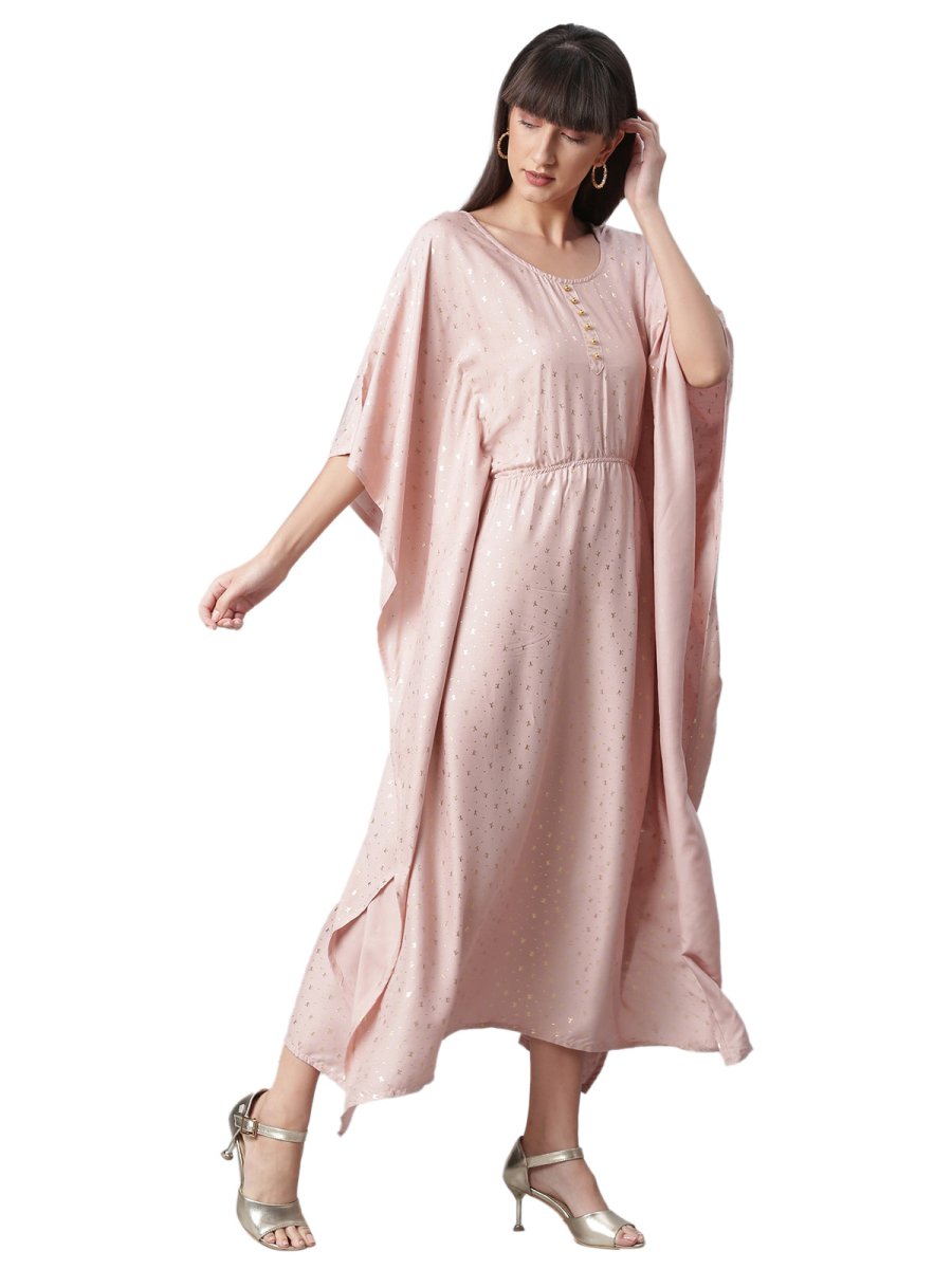Ahalyaa Women Peach-Colored Printed Flared Sleeves Beautiful Kaftan Kurta | Swadesiicart