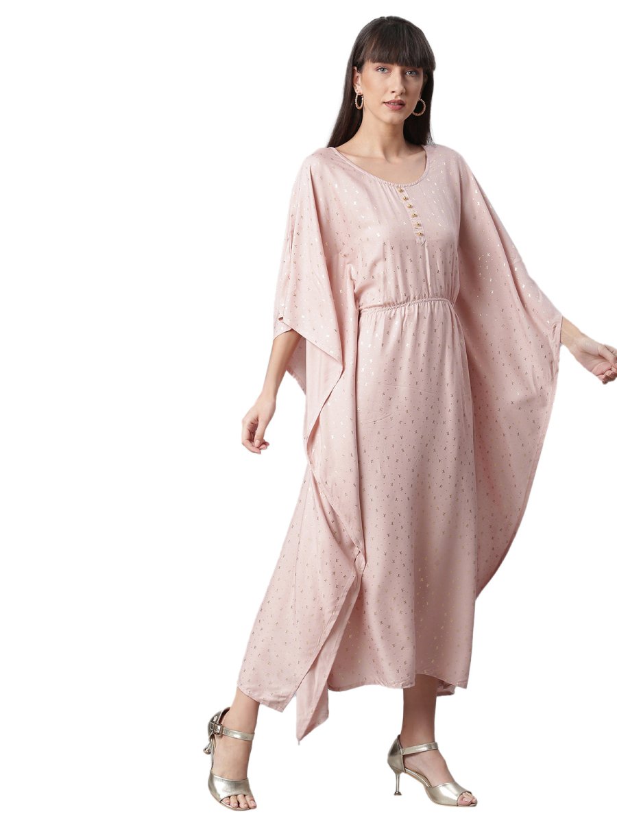 Ahalyaa Women Peach-Colored Printed Flared Sleeves Beautiful Kaftan Kurta | Swadesiicart