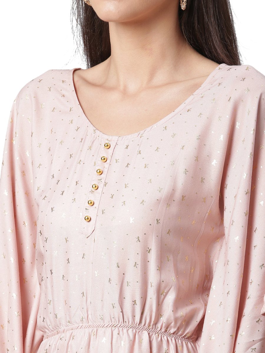 Ahalyaa Women Peach-Colored Printed Flared Sleeves Beautiful Kaftan Kurta | Swadesiicart