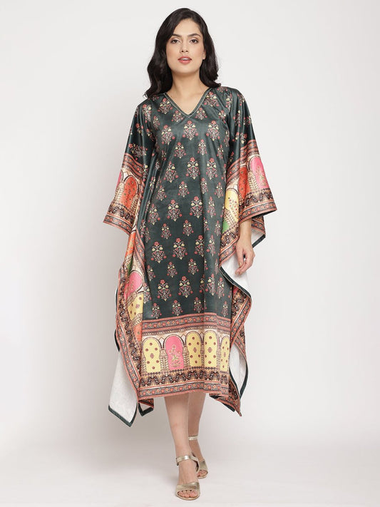 Ahalyaa Women's Dark Green Digital Print Velvet Kaftan | Swadesiicart