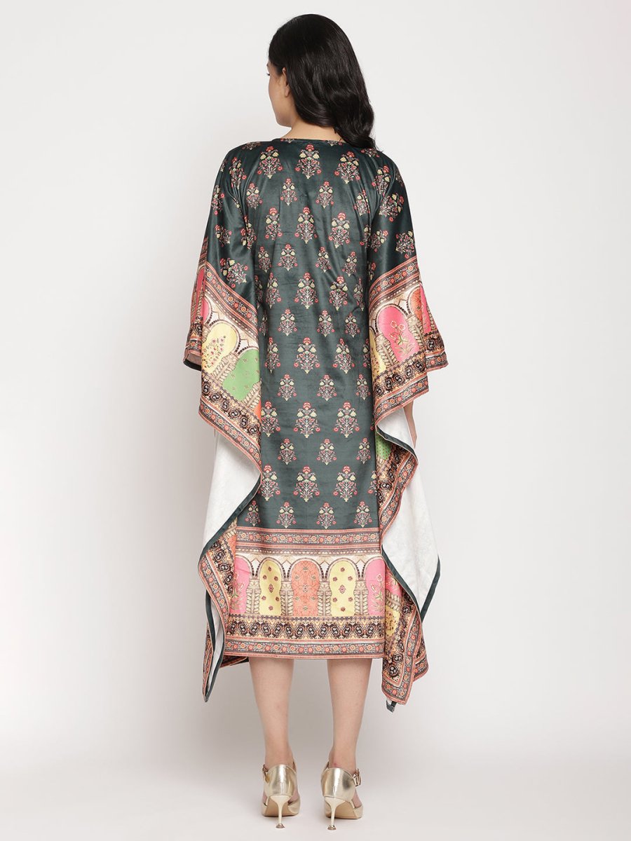 Ahalyaa Women's Dark Green Digital Print Velvet Kaftan | Swadesiicart