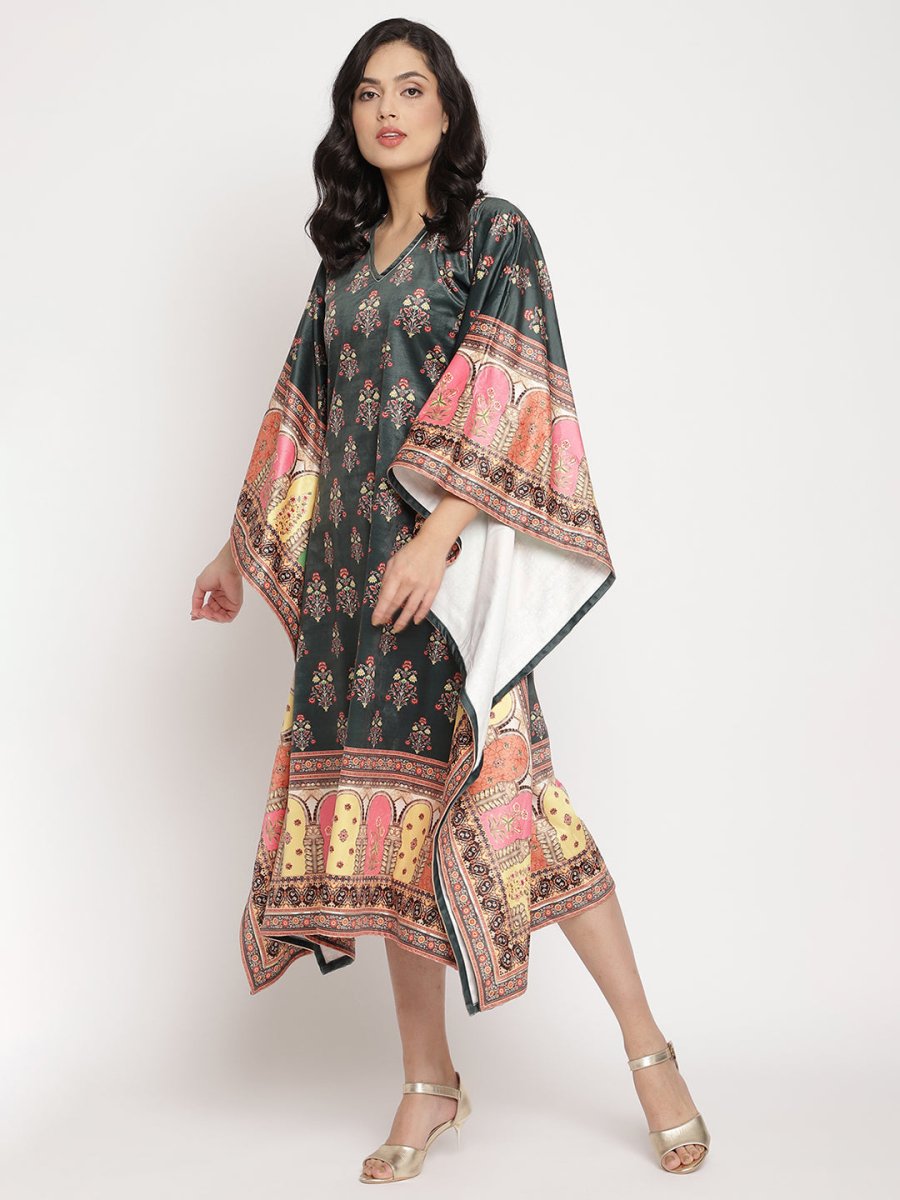 Ahalyaa Women's Dark Green Digital Print Velvet Kaftan | Swadesiicart