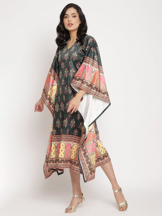 Ahalyaa Women's Dark Green Digital Print Velvet Kaftan | Swadesiicart